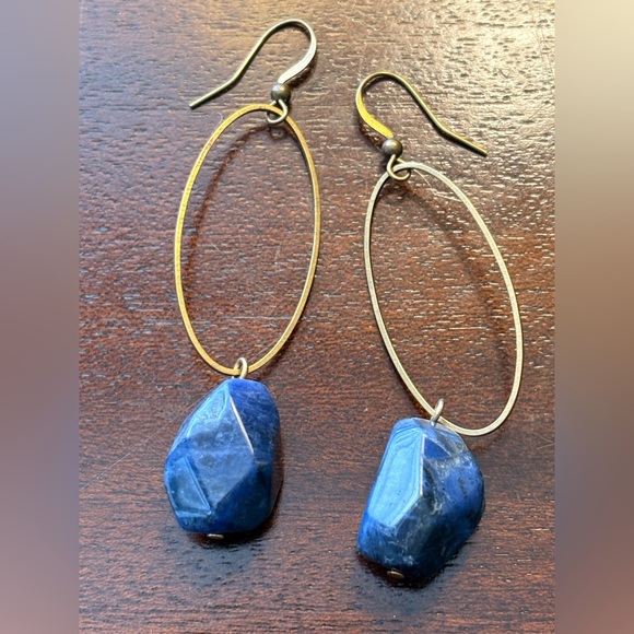 Jewelry - Blue Sodalite Stone Drop Earrings with Brass Hoops